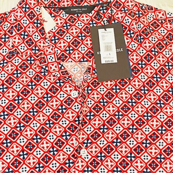 NWT Kenneth Cole Red and Blue Soft Short Sleeve Button Front Shirt  Size Large - Picture 7 of 10